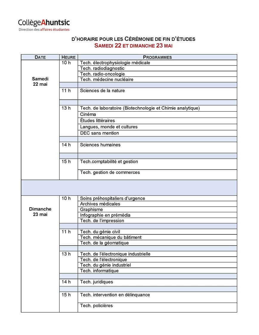 Horaire - Cérémonie de fin d'études 2021