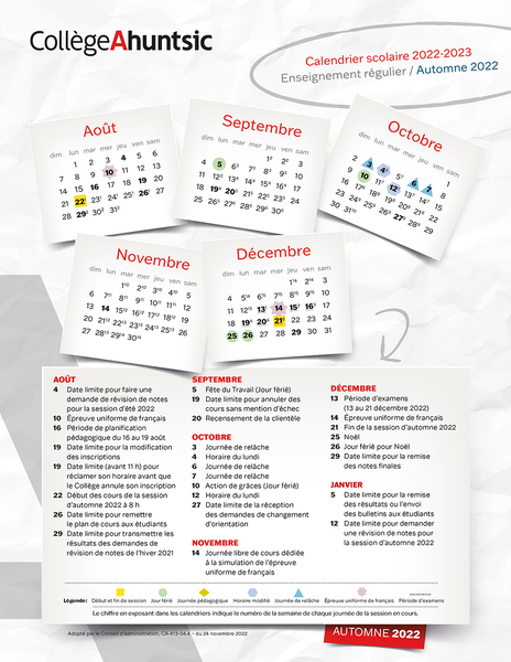 Calendrier scolaire - automne 2022