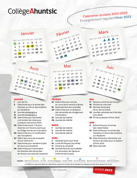 Calendrier scolaire - hiver 2022